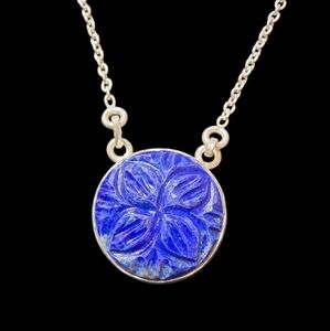 Lapis Lazuli Carved Flower Pendant Necklace ~ 925 Sterling Silver